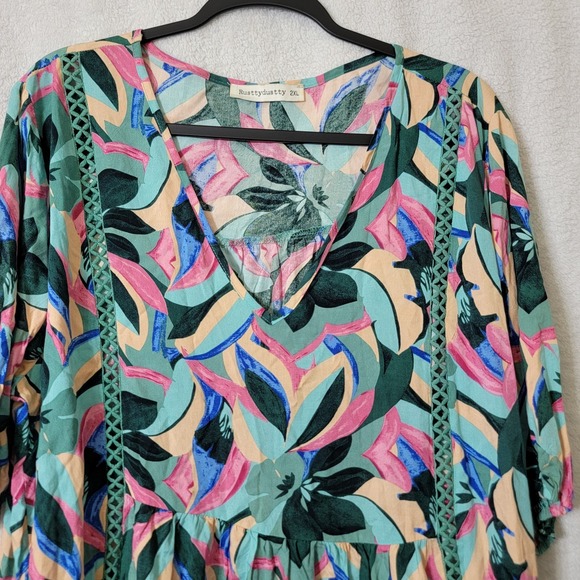 Rusttydustty Shift Dress Womens 2XL Florals Hawaiian V-Neck Boho Tunic Babydoll - Picture 1 of 14